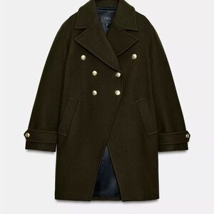New Zara asymmetric Manteco wool blend coat with buttons in dark khaki-small